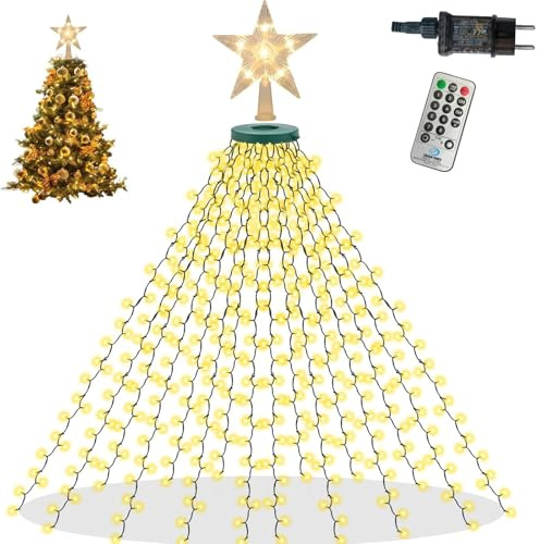 Lichterkette Weihnachtsbaum innen, 2m Tannenbaum Lichterkette mit Ring und Stern,350 led für christbaum, Weihnachtsbaum Beleuchtung mit Timer, Christbaumbeleuchtung für 1,5–2,5 m Bäume – Warmweiß