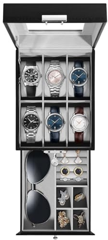Uten Watch Box 6 Slots, 2-Tier Watch Case with Key Lock, Glass Lid, Watch Display Box for Men and Women, Black Synthetic Leather, Grey Velvet Lining, Removable Pillows, Jewelry Storage Box, Gift Idea