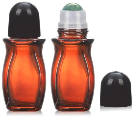 RAMFIYN 2 pack 50ml Large Amber Glass Roll on Bottles for Essential Oils Perfume Refillable Quartz Roller Ball Applicator Empty Deodorant Containers with Crystal Rollerball