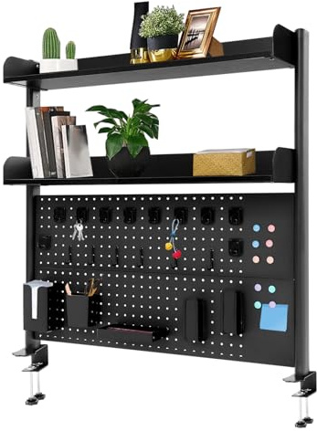 Brride Bücherregal Klein Klemmbare Schreibtisch mit Pegboard, 3 Ebenen Büro Computer Schreibtisch Zubehör Organizer, Tisch Aufsatzregal Lochwand Organizer (Schwarz, 100x95cm)