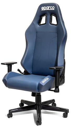 Sparco Sedia Ufficio Gaming Coach, Schienale Reclinabile 150°, Braccioli 2D, Supporto Lombare, Ecopelle, 60x60x100 cm (Fodera blu navy - Cuciture argento)
