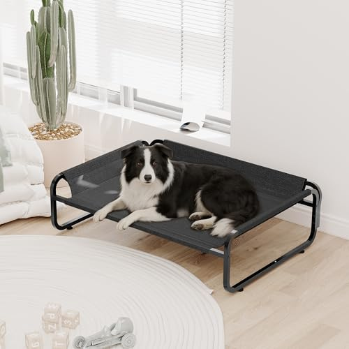FOUBAM Raised Dog Bed 110cm, Elevated Dog Bed for Medium Size Dogs,Black | Indoor & Outdoor Cooling Dog Bed Waterproof, Summer Durable Pet Dog Cat Cot Bed, Dog Cot Metal Frame with Breathable Mesh