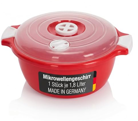 Lantelme Ciotola per microonde da 1,8 litri con valvola per vapore, prodotta in Germania, ciotola in plastica impilabile per microonde e congelatore (rosso)