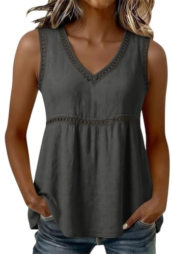 Camiseta sin Mangas para Mujer de Verano 2026 Elegante Holgada Cuello en V Camiseta Tirantes con Encaje Perforado para Mujer Tiempo Libre Camisa Lino Tallas Grandes Informal Color Sólido