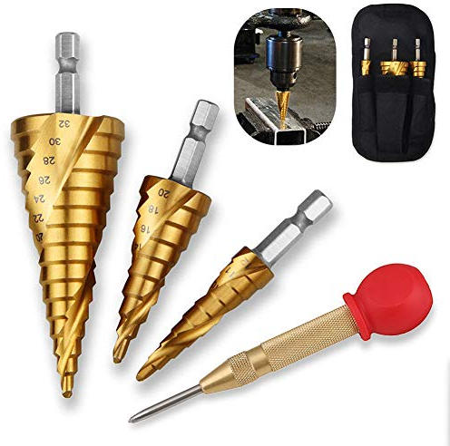 Sukudon 4tlg. Spiralnut Stufenbohrer Set HSS Edelstahl Bithalter Schälbohrer Stahlbohrer Bohrer Satz Elektrowerkzeug für Holz, Metall, Edelstahl, mit Körner mit Gummikappe