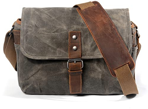 SYF&DJN Retro cámara de Cuero Genuino Bolso Impermeable fotografía Paquete DSLR Hombro Cnavas Caso para Sony Nikon Canon,Armygreen