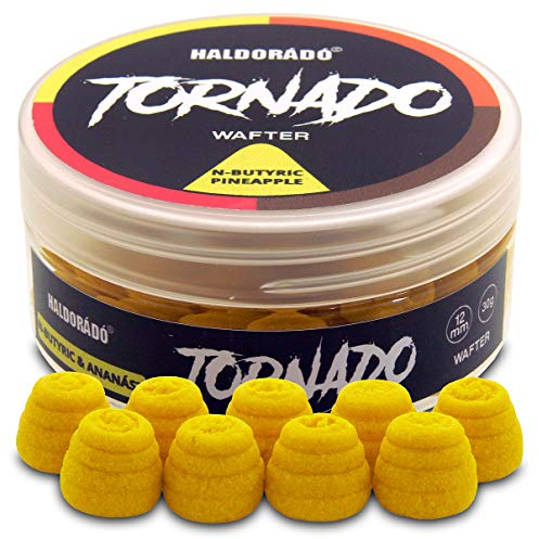 Haldorado Tornado Rauchender Oder Blutender Pellet-Boilie-Köder, Wafters zum Karpfenangeln, Spezielle Form, 100 % Biologisch Abbaubar, 12 mm Breit und 11 mm Lang, N-Butyric+Ananas, Gelb