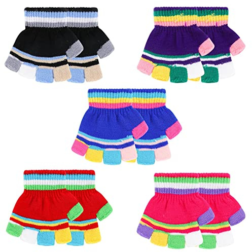 QKURT 5 Pares Guantes Mitones de Punto Invierno para Niños, Manoplas Elásticos Medio Dedo Magic Stretch Gloves para Niños y Niñas 3-7 Años
