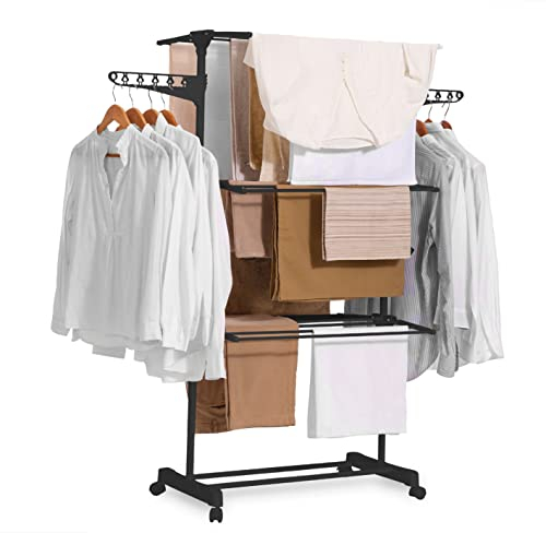 NEWLUX-Tendedero Vertical Plegable XXL Fold Care V60 Negro con Ruedas, 5 Niveles Dobles y 18-21m de tendido. Tendedero Plegable con Soporte para perchas y prendas largas de 1,5m. Ideal como perchero