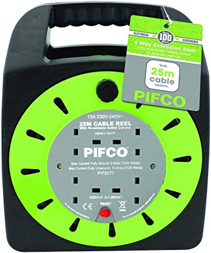 25M PIFCO 4 Way UK 3Pin Plug 13amp Extension Reel with Winding Cable and Safety Cut Out Switch - Black, 25 Meter