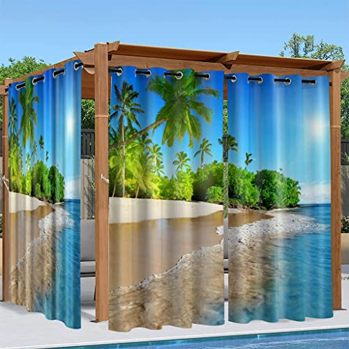 Syhi Qlty Outdoor Vorhang Wetterfest Outdoor Vorhänge Wasserdicht mit Ösen Balkon Sichtschutz Gardinen Verdunklungsvorhänge für Pavillon Pergola, 1 Stück 132 x 213, 3D Palme Strand