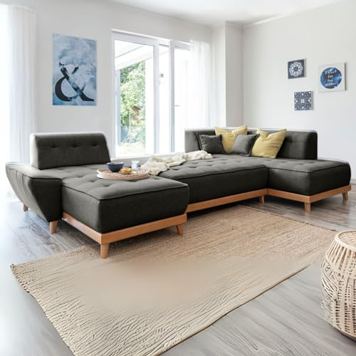 MIUFORM Dazzling Daisy U mit Bettkasten | 8 Sitzer Sofa | U-Form rechts | 330 x 190 x 77cm Couch | Klappsofa mit Schlaffunktion | Wohnlandschaft (Anthrazit) | Sofa mit Schlaffunktion, Schlafsofa mit Bettkasten, Wohnlandschaft U Form, 330x190x77cm, Couch mit Schlaffunktion, Sofa Bed