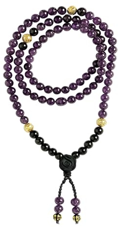 Samsara Mala Tibetano - Collana Pietre Naturali, Collana Tibetana, con 108 Grani - con Rosario Tibetano Religioso - Design Elegante e Artigianale - AMETISTA E ONICE