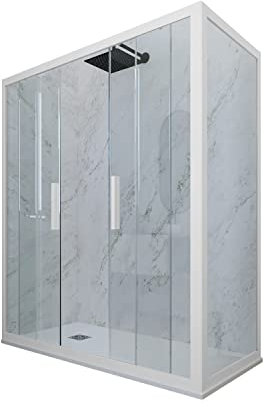 Cabine parois de douche angulaire coulissante 80x120 cm H 200 en PVC Blanc Matt Verre Transparent mod. Glam Duo