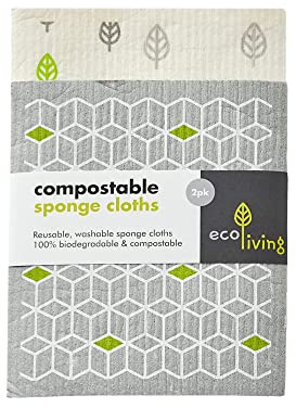 EcoLiving Compostable Sponge Cleaning Cloths - Dishcloth - Eco Friendly & Sustainable Biodegradable Sponge Cloths | Reusable Kitchen Cleaning Cloth - 2 Pack