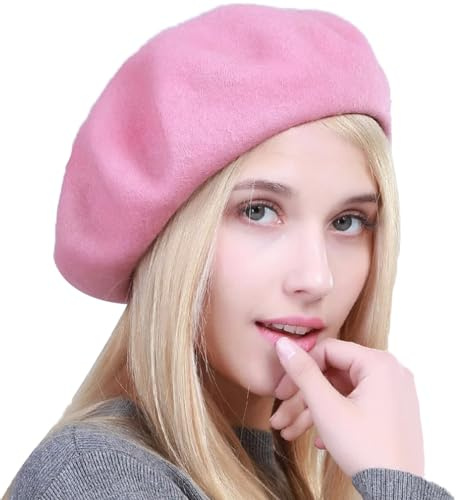 Yanmucy fransk basker vintage baskerhattar för kvinnor enfärgad klassiska franska baskerhattar vinter varm mössa för kvinnor och män, Rosa, one size