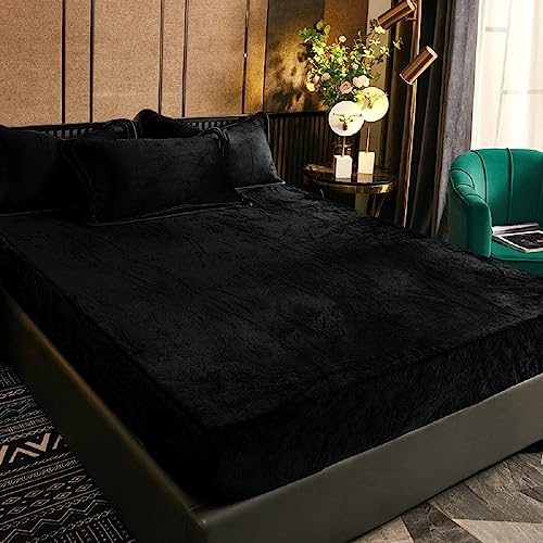 Luofanfei Winter Fleece Spannbettlaken 160x200cm Schwarz Samt Warm Kuschel Boxspringbett Frottee Bettlaken Biber Spannbetttuch Uni Muster Spannbetttücher 160 x 200 für Hohe Matratze Steghöhe 25-30cm