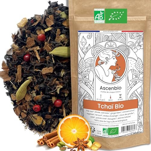 Ascenbio Té Negro Chai orgánico ayurvédico de Navidad – 180 g a granel – Preparado y Acondicionado en Francia – Embalaje Biodegradable