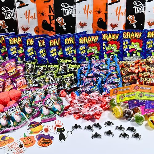 NEVALÜ Pack Halloween 100 Chuches + 10 Bolsas + 10 Pegatinas + 10 Arañas de Juguete. Surtido Envuelto Individualmente.
