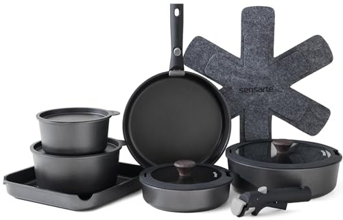 SENSARTE 17 Piece Pots and Pans Set, Nonstick Detachable Handle Cookware Set, Induction Kitchen Cookware Set with Removable Handle, Healthy Non Stick for RV, Dishwasher ＆ Oven Safe, PFOA Free (Black)