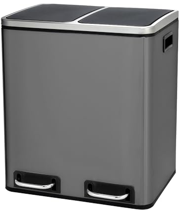 Panana Mülleimer, 2 x 15 L, 2 Fächer, Mülltrennsystem, Treteimer, Abfalleimer Küche, 15 Müllsäcke, aus Metall, Inneneimer aus Kunststoff, Klappdeckel, Schleißt sanft (1, Grüngrau)