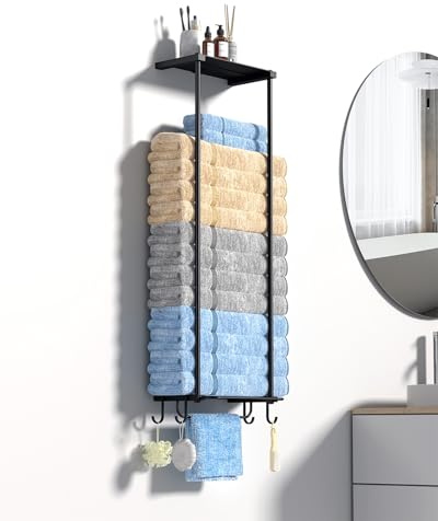CLESOO Handtuchhalter Wand, Handtuchregal Badezimmer mit Nass-Trocken-Trennung & Metal Ablage & 4 Handtuchhaken für Gästehandtuchhalter Handtuchregal Schwarz Toilette Waschraum Badezimmer Aufbewahrung