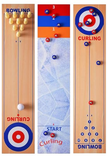 Fiorky 3-in-1-Tisch-Curling-Spiel, einfach zu bedienendes Bowling-Shuffleboard-Tischset mit geräumiger Spielmatte, Familien-Tischspiele, for Kinder und Erwachsene