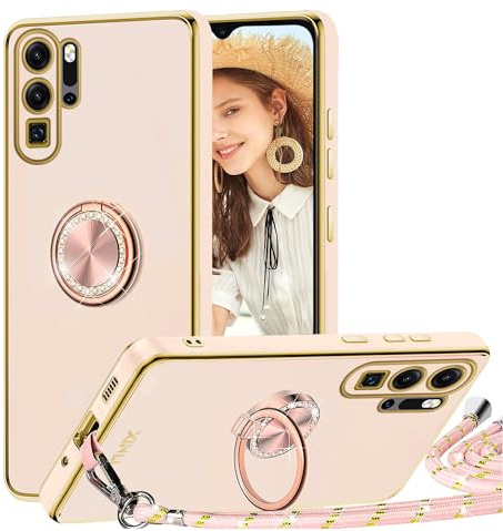 TVVTPU Handyband für Huawei P30 Pro Hülle mit Band, Herz Muster Handyhülle mit Ring Ständer Stoßfeste Kratzfest TPU Bumper Outdoor Schutzhülle Case mit Kordel zum Umhängen (Abnehmbar), Rosa