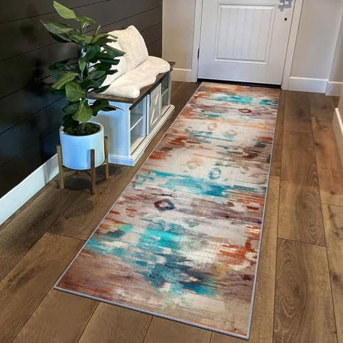 Siunwdiy Teppich Läufer Flur Küche rutschfest Waschbar 100x220cm,Kurzflor Teppich Küchenläufer Lang Modern Korridor Teppich Läufer Braun Beige Türkis Küchenteppich Flurteppich Meterware Anpassbar
