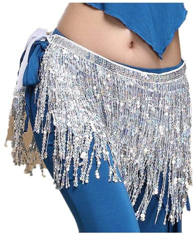 Bauchtanz Kostüm Pailletten Quaste Hüfttuch Outfits Rock Gürtel Festival Kleidung (Silber, Einheitsgröße)