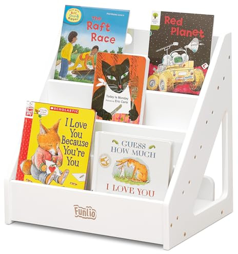 FUNLIO Montessori Bücherregal für Kleinkinder 1-5 Jahre, Nach Vor gerichtetes Bücherregal mit Griff & Kippsicherung, Premium Kiefernholz, bücherregal für Kindergarten/Schulzimmer, CPC-Zertifikat-Weiß