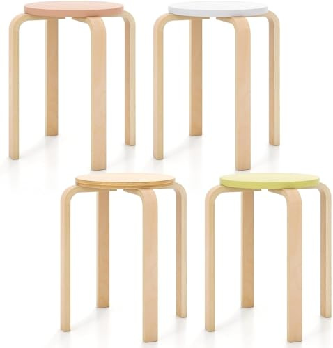 LDAILY Stackable Stools Set of 4, Round Wooden Stools 18 Inches with Waterproof Surface & Reinforced Connections, Backless Stacking Classroom Stools for School, Kitchen, Dining Room, Event, Party