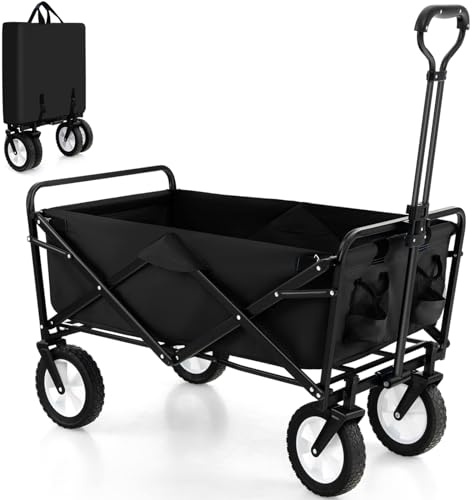 GiantexUK Folding Trolley Cart, Garden Wagon Trailer with Adjustable Handle, Bottle Holders, Wheels & Cover Bag, Outdoor Collapsible Pull Along Cart for Camping Beach Festival Shopping (Black) | Outdoor Pull Along Cart with Adjustable Handle, Bottle Holders, Wheels & Cover Bag for Camping Beach Festival Shopping