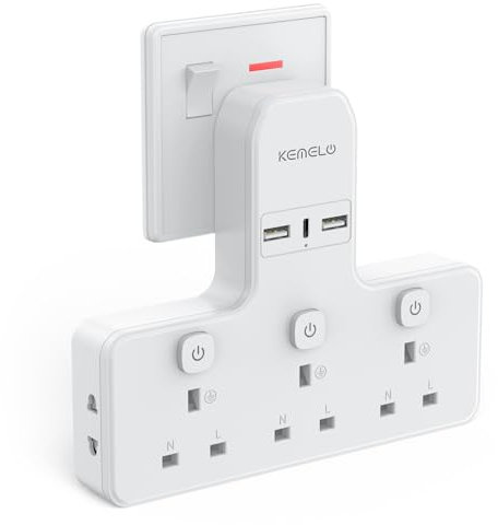 Multi Plug Adapter (3250W/13A), Plug Extension Socket with 3 USB, 3 Way Plug Adapter UK Built-in with Independent Switches,Wall Plug Extender for School Home, Kitchen, Office