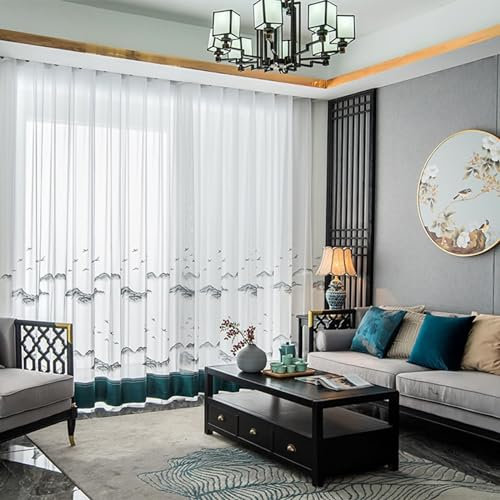 Beydodo Vorhänge Weiß Grün 2er Set mit Haken 137x183CM, Gardinen für Schienensystem Vintage mit Landschaft Muster Gardinenschals Polyester Halbtransparent für Wohnzimmer Schlafzimmer Küche