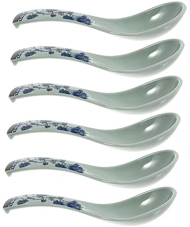 Mikinona 6pcs Blue Floral Porcelain Soup Spoon Set Sturdy Ceramic Stirring Spoons Lightweight Portable for Desserts and Soups for Home and Restaurant Use