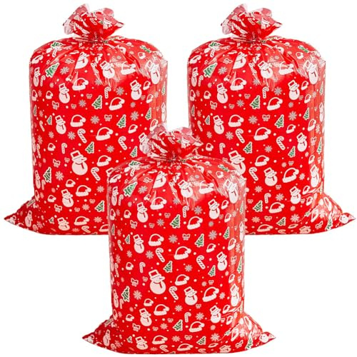 CREATCABIN 3 pz. Sacchetti Regalo Natale Extra Large Sacchetti Regalo Natale Grandi Jumbo Etichetta e Spago Sacchi Natale Giganti Imballaggio Rettangolo in Plastica Regali Natale 142 x 91cm