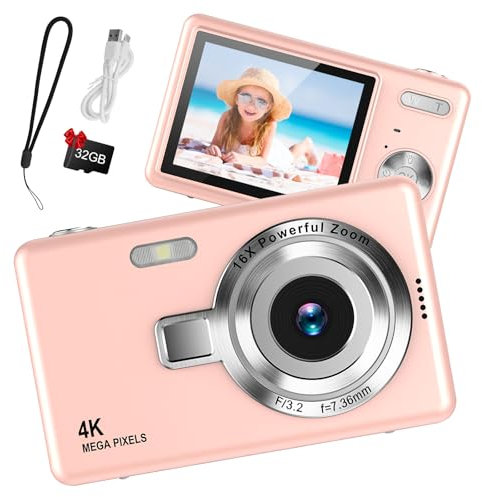 Appareil Photo numérique 1080P FHD Appareil Photo Compact 44MP avec écran LCD 2,4 Zoom numérique 16X Vlogging Appareil Photo numérique Portable avec Carte SD 32 Go pour Enfants (Rose)