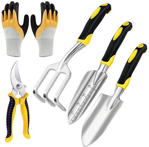 Set di attrezzi da giardino, 5 attrezzi da giardino in alluminio pressofuso, set di attrezzi da giardino, set di attrezzi da giardinaggio, set da giardinaggio con paletta, cazzuola, rastrello per la
