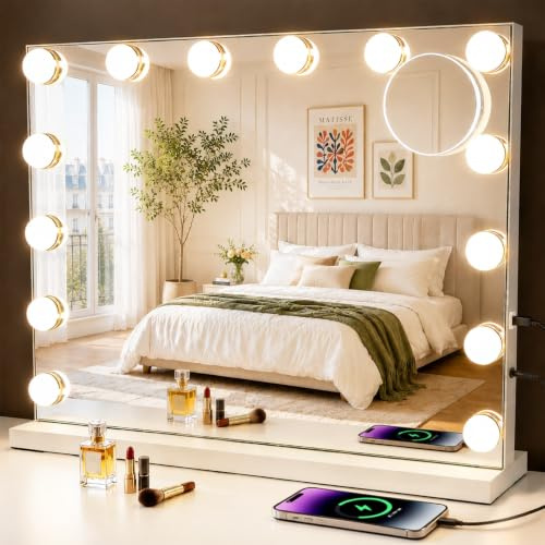 Mursche Schminkspiegel Mit Beleuchtung,50x40cm Groß LED Hollywood Spiegel | Vanity Mirror Mit 14 LED Licht und USB,Schminktisch MakeUp Hollywoodspiegel Tischspiegel Schminktischspiegel Mit Vergrößerung