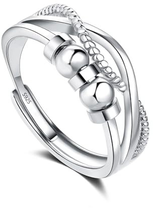 Glintara Silber Anxiety Ring für Damen, 925 Sterling Silber Kreuz Angst Ring, Offen Einstellbar Anti Stress Ring, Spinner Fidget Ring mit Perlen Band, Unisex Dekompressionsringe gegen Angst Stress