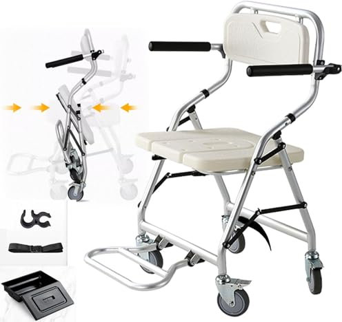 GNbow Chaise de Douche, Fauteuil Roulant Douche Autopropulsé, Chaise Percée Toilette et Douche, Chaise D'aisance de Chevet Mobile pour Toilettes avec Freins à 4 Roues, Blanc