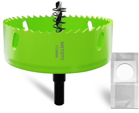 METOTY 110 mm Bi-Metal Hole Saw, Universal HSS M42 Hole Saws, with Triangular Shank Adapter and Pilot Drill, A Free Dust Bag for Aluminium, Metals, Plastics, Acrylic Glass, Wood, Plasterboard
