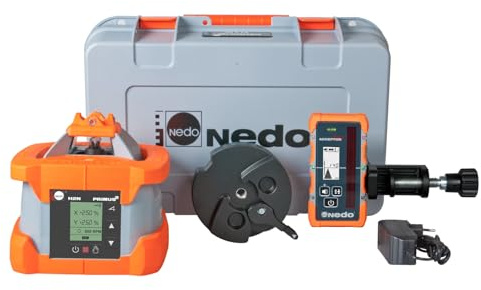 Nedo PRIMUS 2 H2N Rotationslaser - vollautomatischer und hochpräziser Baulaser - Nivellierlaser Zweiachs-Neigungslaser mit Laserempfänger ACCEPTOR MAXX