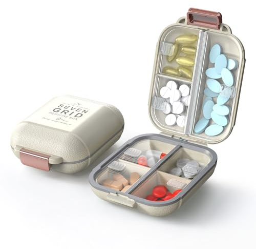 ZORVIDSON Travel Pill Organizer, Portable Pill Box with 7 Compartments, BPA-Free Plastic Pill Holder, Compact Medicine Pill Case for Vitamins & Supplements (White, Small)