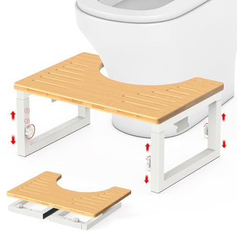 GLARETEX Toilet Stool Squat Adult Foldable WC Hocker Metal Leg & Bamboo Surface Height Adjustable Bamboo Durable C-Shaped Stool for Hemorrhoids, Constipation, Bloating, White