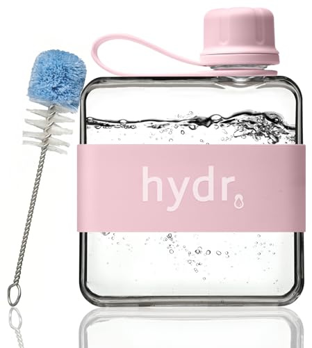 hydr v2 Bouteille d'eau plate pour sac à main et brosse de nettoyage flexible 320 ml Tritan sans BPA Bouteille d'eau de voyage mince Petite bouteille d'eau pour sac à main Vieux rose