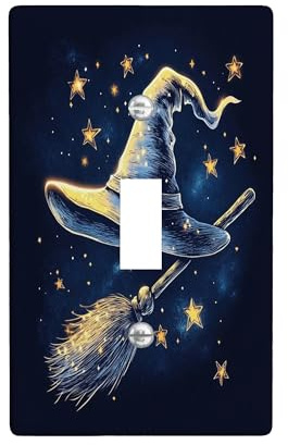 Halloween Witch Magic Broom Decorative Light Switch Cover Plate 1 Gang Single Toggle, Cute Fun Cartoon Witchy Hat Electrical Switchplate, Cool Kid Electrical Faceplate for Bedroom Room