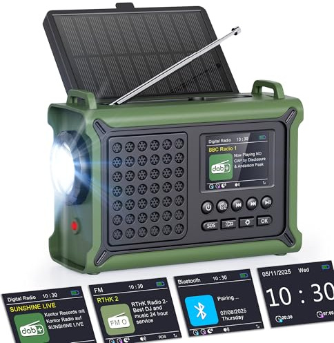 ROCAM 12000mAh Emergency Radio with Solar & Hand Crank Powered, DAB/FM Wind Up Radio with Bluetooth 5.0, Hi-Fi Sound, Color Display, 5W Torch for Camping Survival Indoor - CR1030DAB