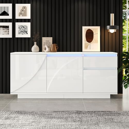 YEHTOKHOME Buffet Salon avec LED, Buffet Salle à Manger Blanc Brillant 140 cm, 3 Portes Imprimées, Tiroir, Étagères Réglables, Éclairage par Appli, Cuisine, Salle à Manger ou Salon (Blanc-3)